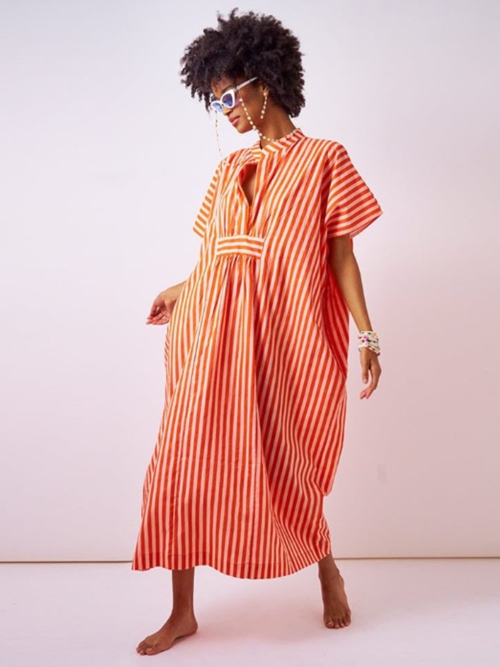 INK AND ALLOY Margot Striped Kaftan In Coral And Blush - Picture 2 of 9